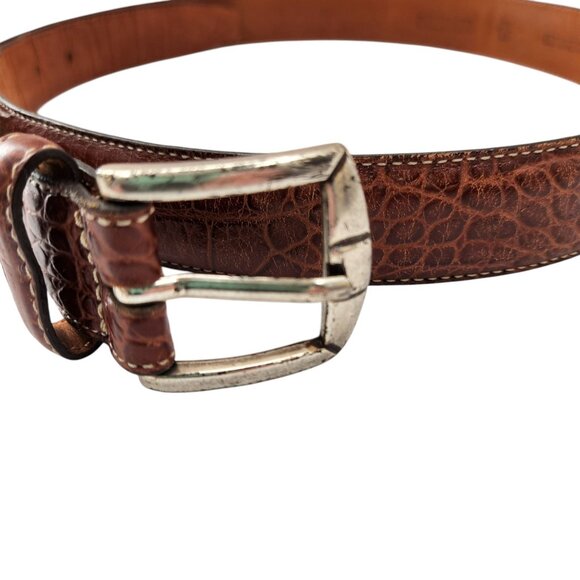 Men's Brown Italian Leather Belt Crocodile-Embossed With Silver Buckle 42" x 1" - Picture 2 of 8